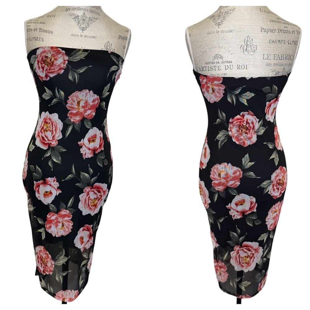 Mezzanine Floral Print Strapless Mini Dress with Midi Mesh Overlay Black Pink L